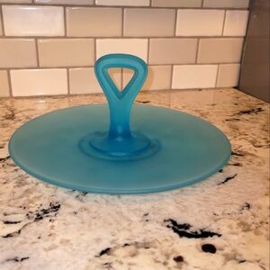 VTG TIFFIN Blue Satin Glass Appetizer Tidbit Tray, Serving Plate MCM